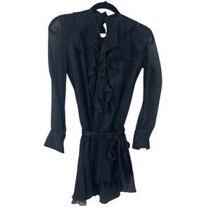 Armani Exchange Sheer Sleeve Ruffle Front Tie Waist Metallic Mini Dress Black 0